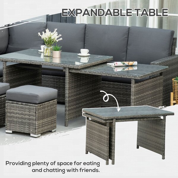 Outsunny 7 Piece Rattan Garden Furniture Set, 10-Seater Sofa Sectional with Cushioned Sofa Seat, Footstools and Expandable Glass Table for Yard Grey