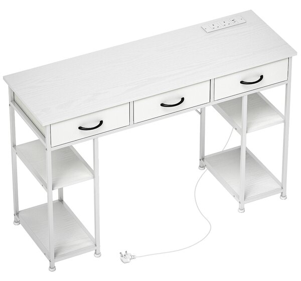 HOMCOM 120cm Computer Desk with Power Outlets, Office Desk Study Table with 3 Fabric Drawers and 4 Storage Shelves, White