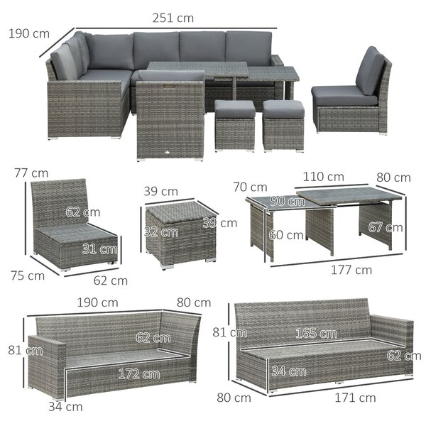 Outsunny 7 Piece Rattan Garden Furniture Set, 10-Seater Sofa Sectional with Cushioned Sofa Seat, Footstools and Expandable Glass Table for Yard Grey