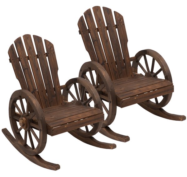 Outsunny 2 Piece Wooden Adirondack Rocking Chair Reclining Armchair Outdoor Garden Furniture Patio Porch Rocker - Carbonized Wood Colour