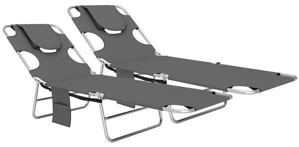 Outsunny Foldable Sun Lounger Set of 2, Beach Chaise Lounge with Reading Hole, Arm Slots, 5-Position Adjustable Backrest, Side Pocket, Pillow for Garden, Beach, Pool, Dark Grey