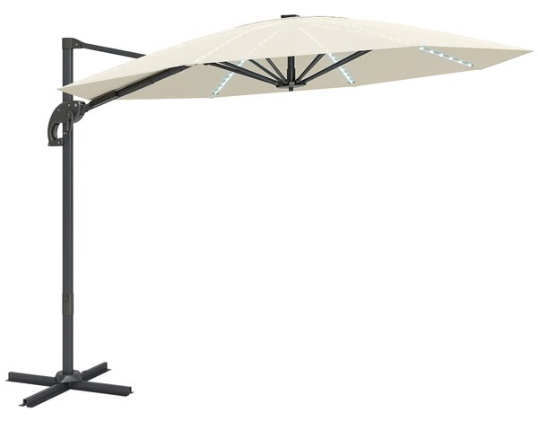 Outsunny 3(m) Cantilever Garden Parasol with Solar Powered Lights, Crank Handle & Cross Base, UPF 50+, 360° Rotation, Cream
