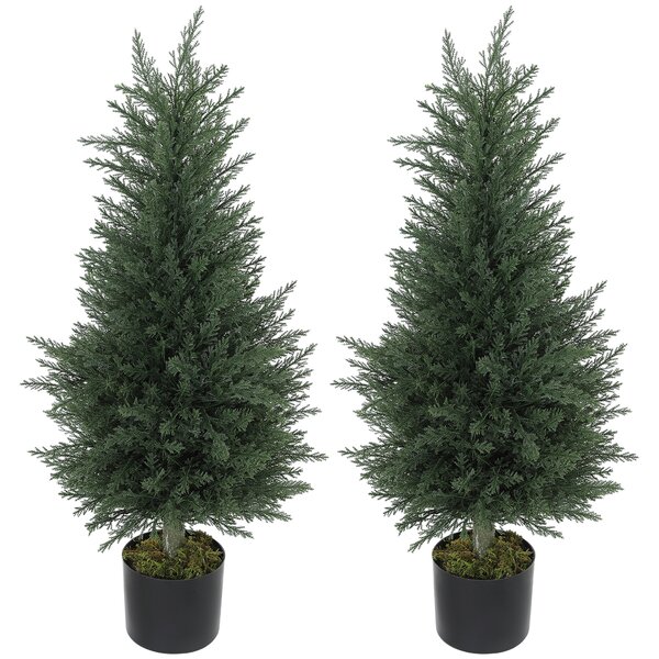 HOMCOM Set of 2 Decorative Artificial Plant, 90 cm Cypress Tree with 362 Leaves in Pot, UV-Resistant Plastic Fake Tree for Indoor Outdoor Home Office