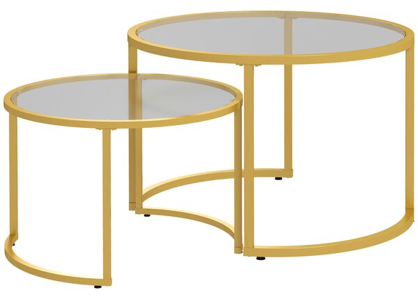 HOMCOM Coffee Table Set of 2, Modern Nest of Tables with Tempered Glass Top, Steel Frame for Living Room, Gold Tone