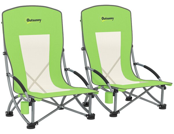 Outsunny Set of 2 Folding Beach Chair, Low Camping Chair with Mesh Back, Carry Bag and Cup Holder for Garden Outdoor Picnic Festival Travel, Green