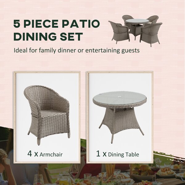 Outsunny 5 Pieces Outdoor Patio PE Rattan Dining Set, Four Seater Garden Furniture - 4 Chairs & Round Table w/ Umbrella Hole, Mixed Grey Aosom UK