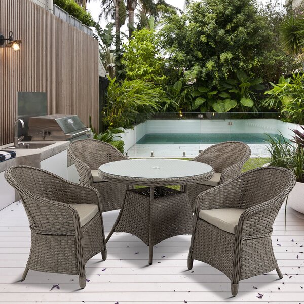 Outsunny 5 Pieces Outdoor Patio PE Rattan Dining Set, Four Seater Garden Furniture - 4 Chairs & Round Table w/ Umbrella Hole, Mixed Grey Aosom UK
