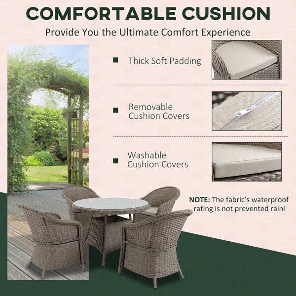 Outsunny 5 Pieces Outdoor Patio PE Rattan Dining Set, Four Seater Garden Furniture - 4 Chairs & Round Table w/ Umbrella Hole, Mixed Grey Aosom UK