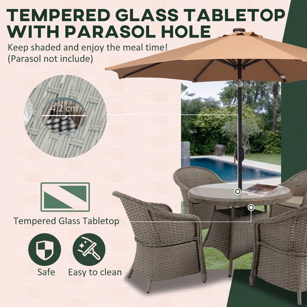Outsunny 5 Pieces Outdoor Patio PE Rattan Dining Set, Four Seater Garden Furniture - 4 Chairs & Round Table w/ Umbrella Hole, Mixed Grey Aosom UK
