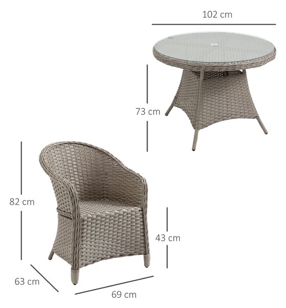 Outsunny 5 Pieces Outdoor Patio PE Rattan Dining Set, Four Seater Garden Furniture - 4 Chairs & Round Table w/ Umbrella Hole, Mixed Grey Aosom UK