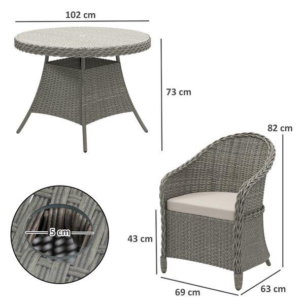 Outsunny 4 Seater Rattan Garden Furniture Set with Cushions, Round PE Rattan Dining Set with Glass-Top Table, Umbrella Hole, Outdoor Garden Table and Chairs, Grey
