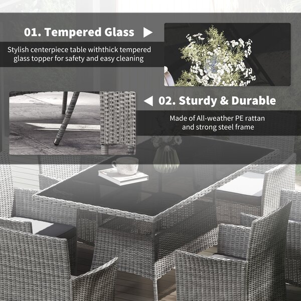 Outsunny 7-Piece Rattan Garden Furniture Set with Cushions, 6 Seater Garden Table and Chairs with 6 Armchairs, Glass Top Table, Charcoal Grey
