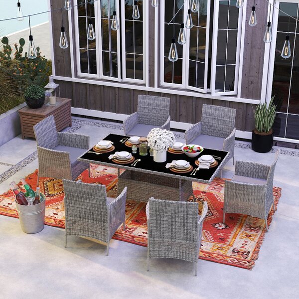 Outsunny 7-Piece Rattan Garden Furniture Set with Cushions, 6 Seater Garden Table and Chairs with 6 Armchairs, Glass Top Table, Charcoal Grey
