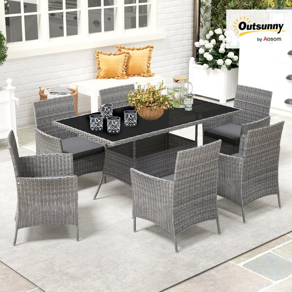 Outsunny 7-Piece Rattan Garden Furniture Set with Cushions, 6 Seater Garden Table and Chairs with 6 Armchairs, Glass Top Table, Charcoal Grey