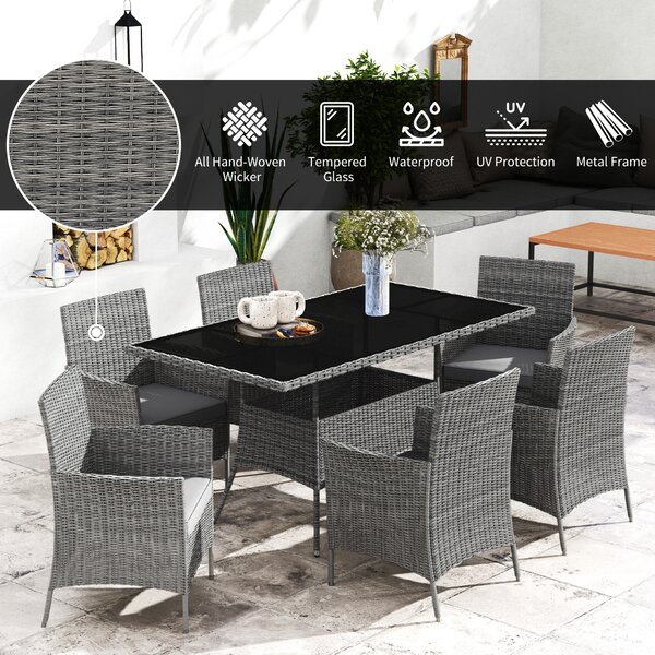 Outsunny 7-Piece Rattan Garden Furniture Set with Cushions, 6 Seater Garden Table and Chairs with 6 Armchairs, Glass Top Table, Charcoal Grey