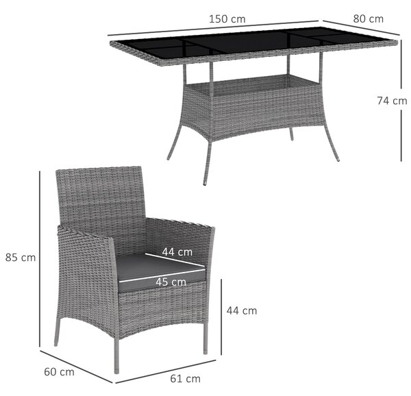 Outsunny 7-Piece Rattan Garden Furniture Set with Cushions, 6 Seater Garden Table and Chairs with 6 Armchairs, Glass Top Table, Charcoal Grey