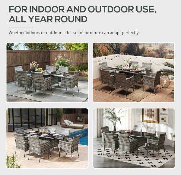 Outsunny 6-Seater Rattan Dining Set Garden Furniture Patio Rectangular Table Cube Chairs Outdoor Fire Retardant Sponge Grey