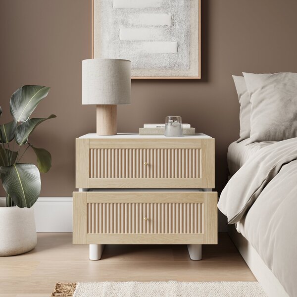 Maeva 2 Drawer Wide Bedside Table, Light Oak Effect