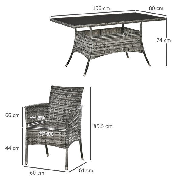 Outsunny 6-Seater Rattan Dining Set Garden Furniture Patio Rectangular Table Cube Chairs Outdoor Fire Retardant Sponge Grey