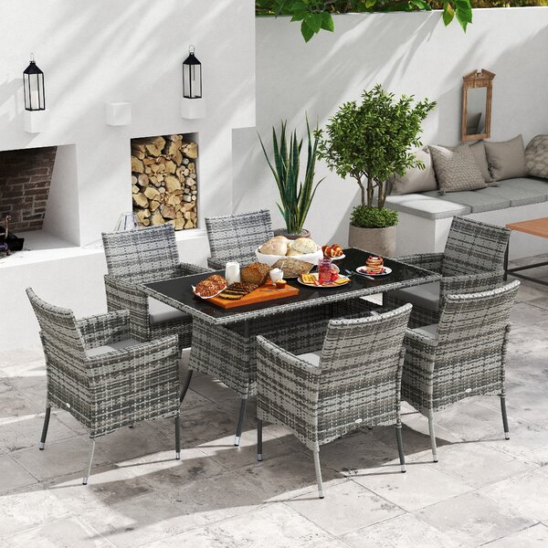 Outsunny 6-Seater Rattan Dining Set Garden Furniture Patio Rectangular Table Cube Chairs Outdoor Fire Retardant Sponge Grey