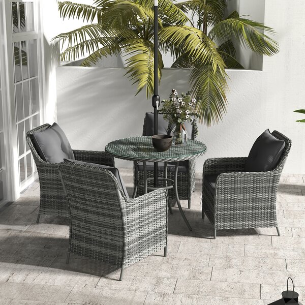 Outsunny 6 Pieces Garden Dining Set, 4 Seater Rattan Dining Set Outdoor with Umbrella, Cushions, Tempered Glass Top Table Aosom UK
