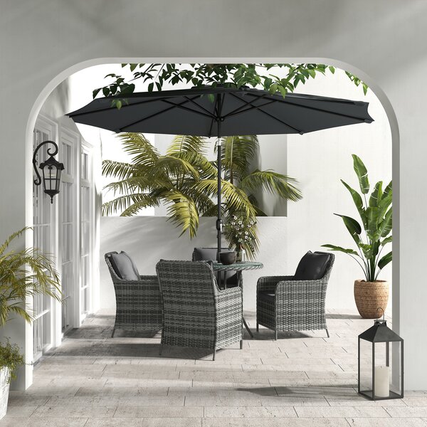 Outsunny 6 Pieces Garden Dining Set, 4 Seater Rattan Dining Set Outdoor with Umbrella, Cushions, Tempered Glass Top Table Aosom UK
