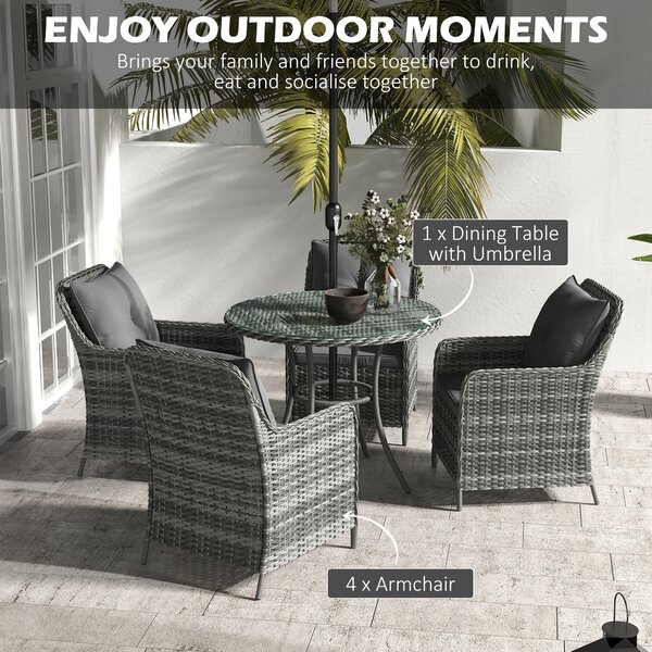 Outsunny 6 Pieces Garden Dining Set, 4 Seater Rattan Dining Set Outdoor with Umbrella, Cushions, Tempered Glass Top Table Aosom UK