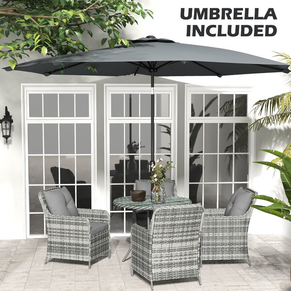 Outsunny 6 Pieces Garden Dining Set, 4 Seater Rattan Dining Set Outdoor with Umbrella, Cushions, Tempered Glass Top Table Aosom UK