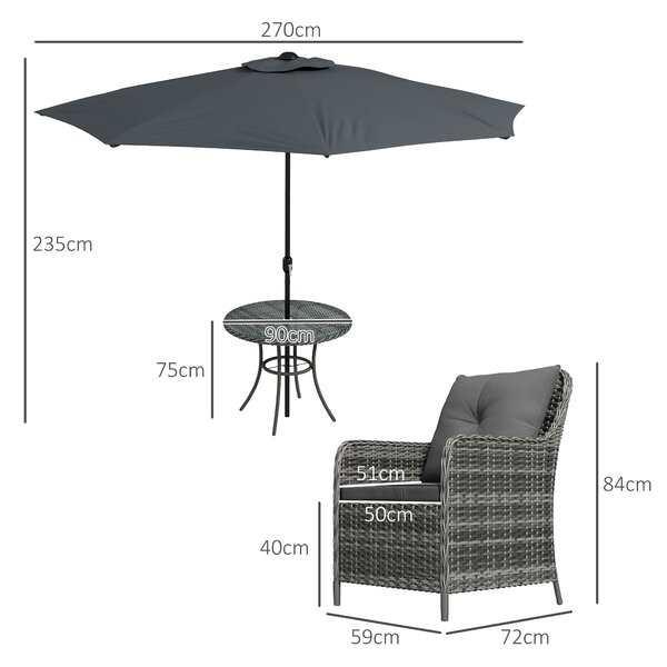 Outsunny 6 Pieces Garden Dining Set, 4 Seater Rattan Dining Set Outdoor with Umbrella, Cushions, Tempered Glass Top Table Aosom UK