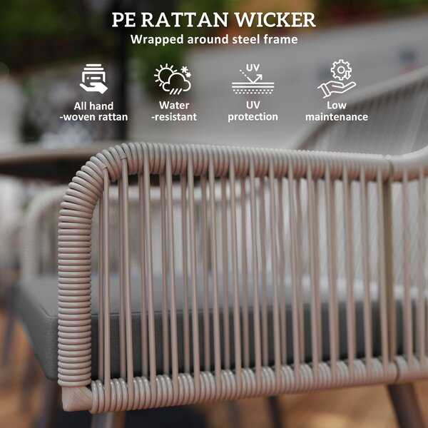 Outsunny 4 Seater Rattan Dining Set, Rattan Garden Furniture Set with Parasol Hole, Cushions, Glass Top Table for Patio, Balcony, Light Brown