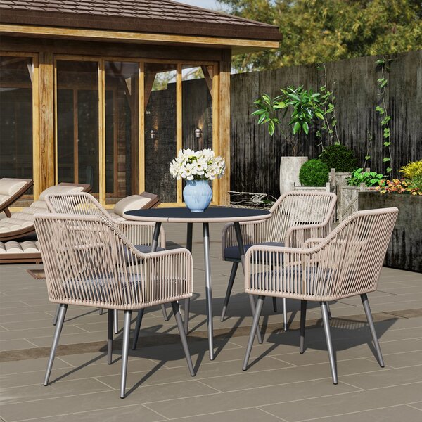 Outsunny 4 Seater Rattan Dining Set, Rattan Garden Furniture Set with Parasol Hole, Cushions, Glass Top Table for Patio, Balcony, Light Brown