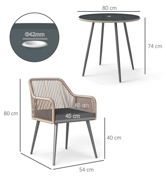Outsunny 4 Seater Rattan Dining Set, Rattan Garden Furniture Set with Parasol Hole, Cushions, Glass Top Table for Patio, Balcony, Light Brown