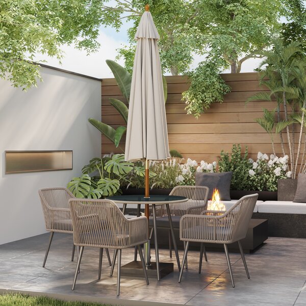 Outsunny 4 Seater Rattan Dining Set, Rattan Garden Furniture Set with Parasol Hole, Cushions, Glass Top Table for Patio, Balcony, Light Brown