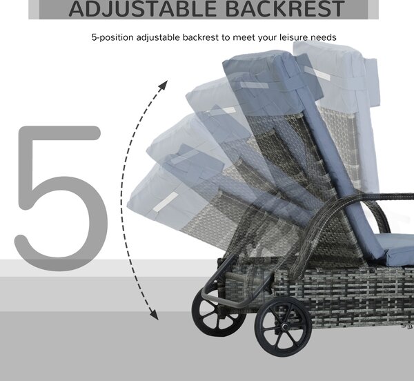 Outsunny Garden Rattan Furniture Single Sun Lounger Recliner Bed Reclining Chair Patio Outdoor Wicker Weave Adjustable Headrest - Grey