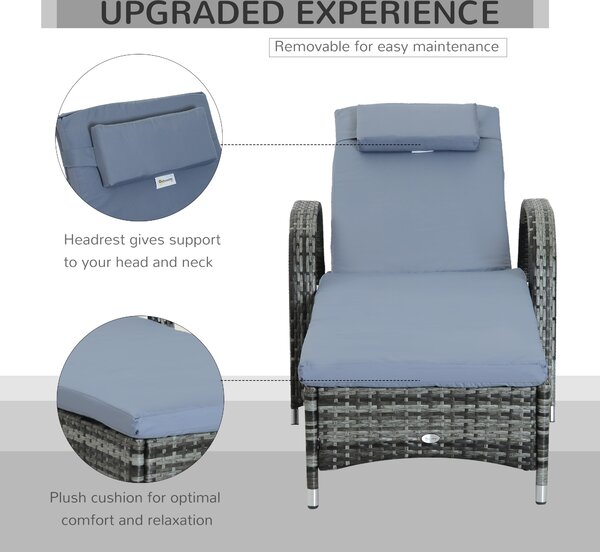 Outsunny Garden Rattan Furniture Single Sun Lounger Recliner Bed Reclining Chair Patio Outdoor Wicker Weave Adjustable Headrest - Grey