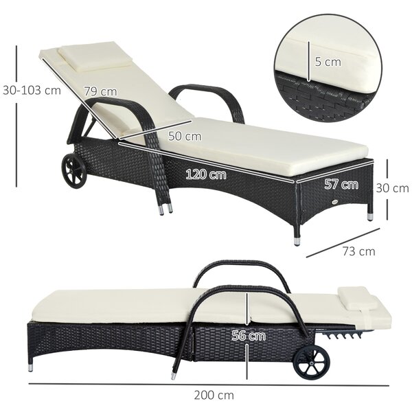 Outsunny Waterproof Rattan Sun Lounger Recliner Bed, Garden Patio Outdoor Wicker Adjustable Headrest Furniture, Black Aosom UK