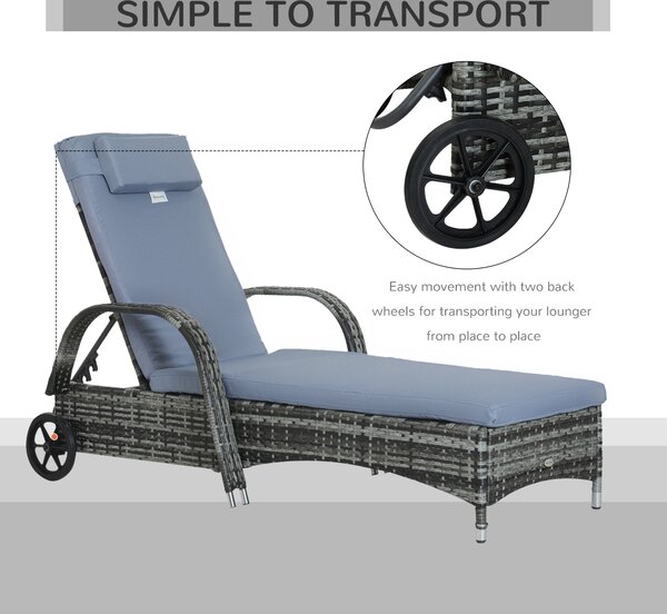 Outsunny Garden Rattan Furniture Single Sun Lounger Recliner Bed Reclining Chair Patio Outdoor Wicker Weave Adjustable Headrest - Grey