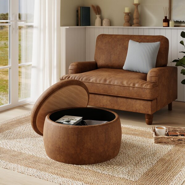 Medium Round Storage Pouffe, Faux Leather Tan