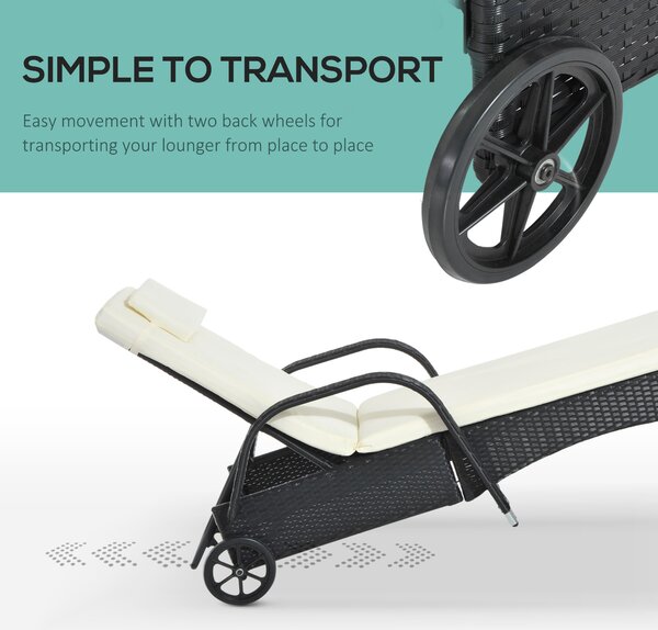 Outsunny Waterproof Rattan Sun Lounger Recliner Bed, Garden Patio Outdoor Wicker Adjustable Headrest Furniture, Black Aosom UK