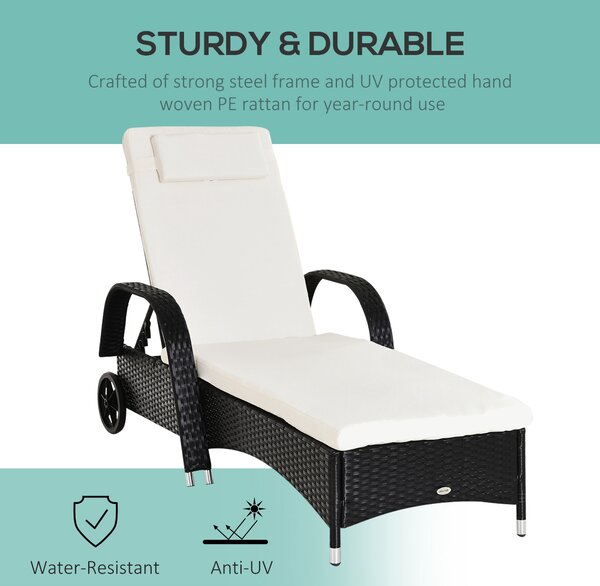 Outsunny Waterproof Rattan Sun Lounger Recliner Bed, Garden Patio Outdoor Wicker Adjustable Headrest Furniture, Black Aosom UK