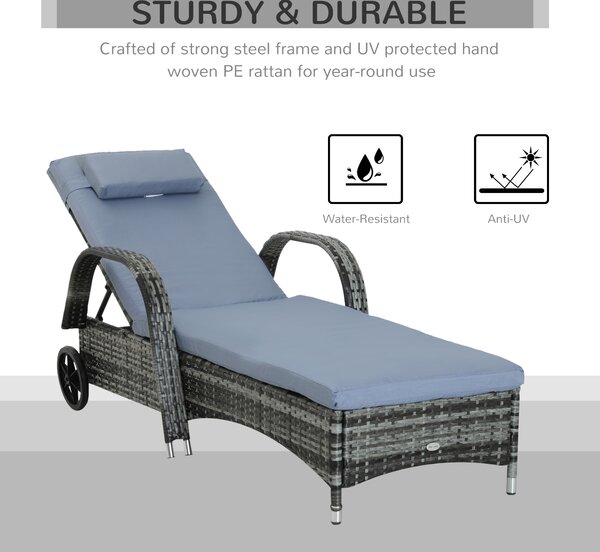 Outsunny Garden Rattan Furniture Single Sun Lounger Recliner Bed Reclining Chair Patio Outdoor Wicker Weave Adjustable Headrest - Grey