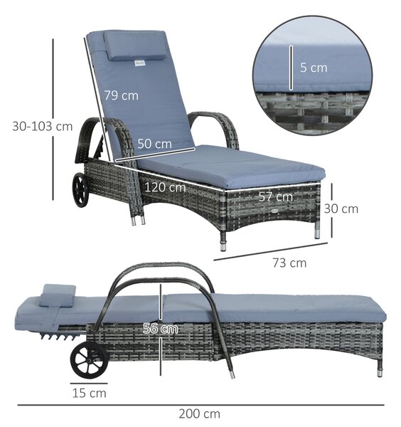 Outsunny Garden Rattan Furniture Single Sun Lounger Recliner Bed Reclining Chair Patio Outdoor Wicker Weave Adjustable Headrest - Grey