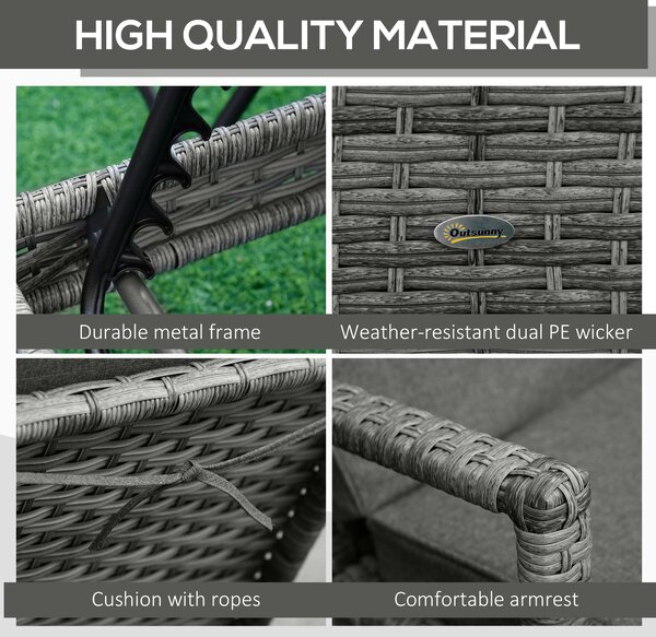 Outsunny PE Rattan Sun Loungers set of 2 with Cushion, Outdoor 2 Pieces Garden Sunbed Furniture with 4-Level Recliner Backrest, and Armrest, Grey
