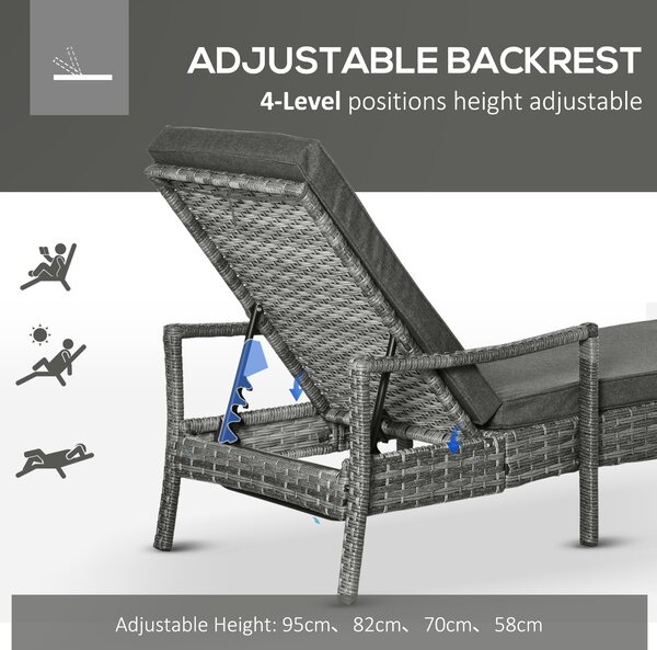 Outsunny Rattan Sun Lounger Garden Lounger Rattan Wicker w/ 4-Level Adjustable Headrest, 52.5H x 192L x 62.5W Aosom UK