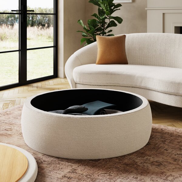 Large Round Storage Pouffe, Chenille Ivory