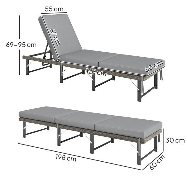 Outsunny Single Folding Rattan Sun Lounger, with Cushion - Grey