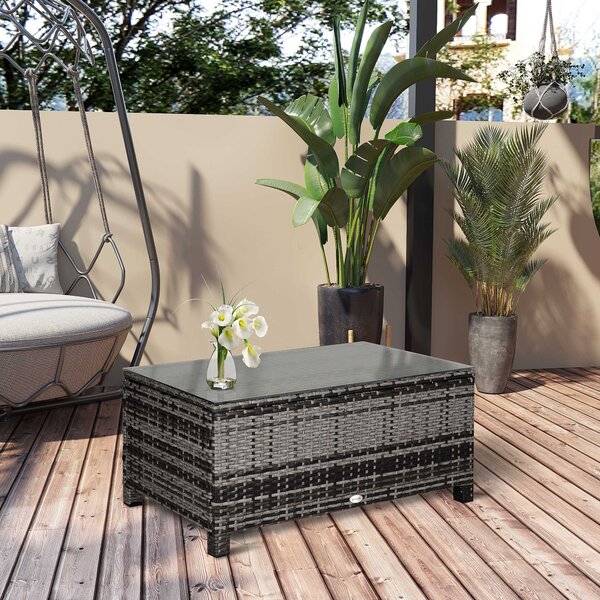 Outsunny Rattan Side Table: Tempered Glass Top, Weather-Resistant Wicker Design for Patio & Garden, Mixed Grey Aosom UK