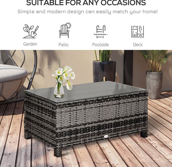 Outsunny Rattan Side Table: Tempered Glass Top, Weather-Resistant Wicker Design for Patio & Garden, Mixed Grey Aosom UK