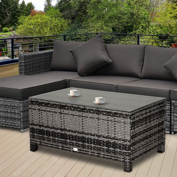 Outsunny Rattan Side Table: Tempered Glass Top, Weather-Resistant Wicker Design for Patio & Garden, Mixed Grey Aosom UK