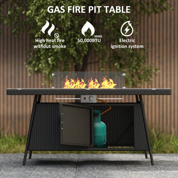 Outsunny 7 Pieces Outdoor Rattan Garden Furniture with Fire Pit Table, 6 Seater Garden Table and Chairs with Heater Table, Windscreen, Black